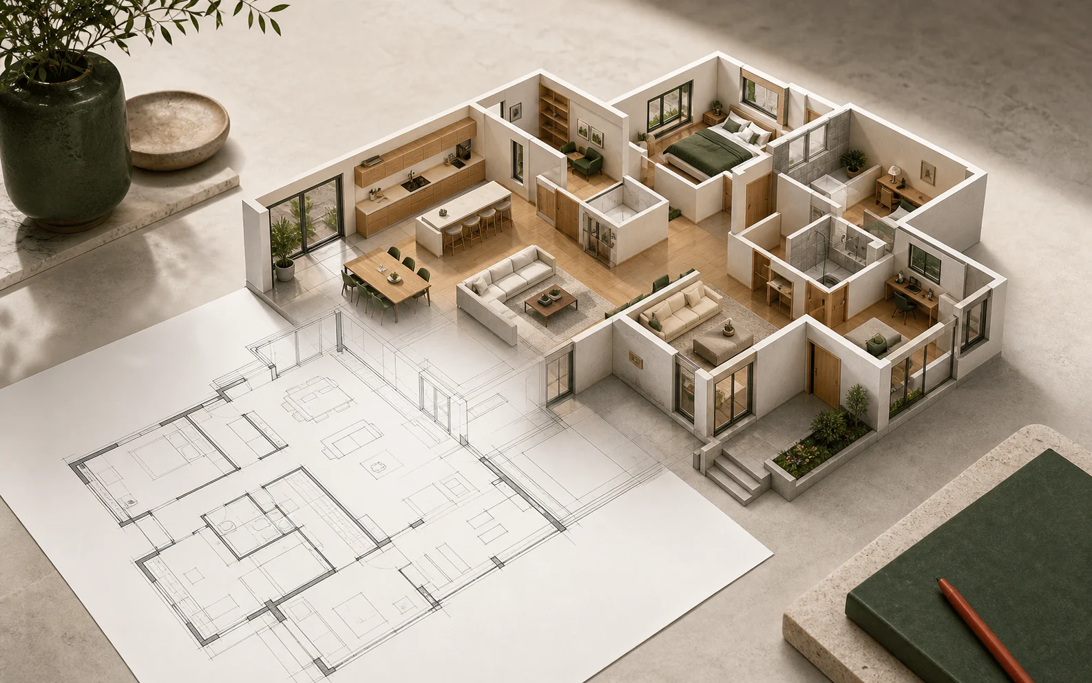 Diseño editable de una casa en 3D mostrado como modelo amueblado en sección