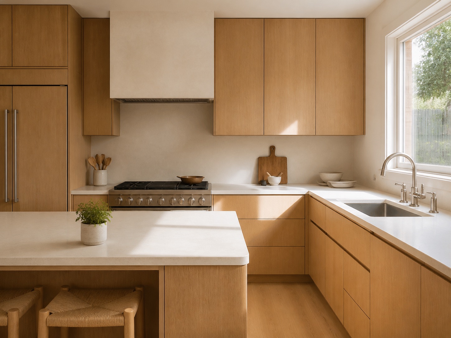 Photorealistic warm minimalist kitchen created as an AI interior design idea