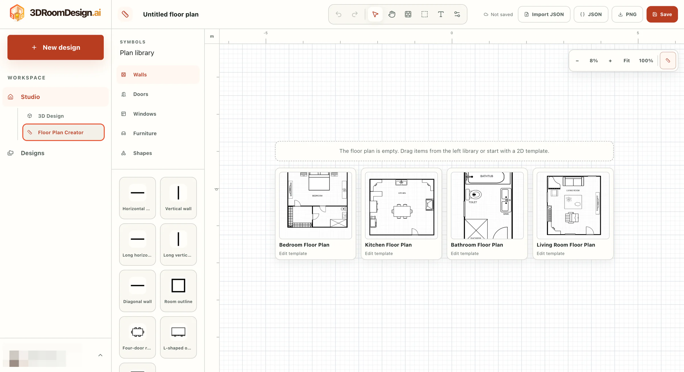 floor plan creator workspace with editable templates, drawing tools, plan library, and PNG export