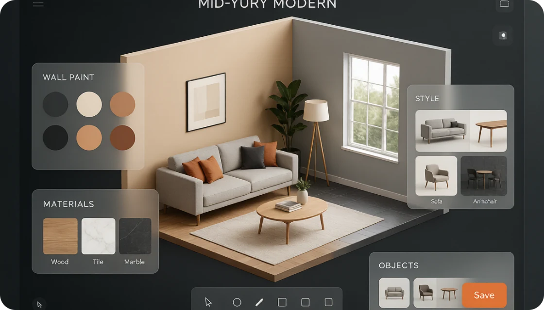 Homeowner trying different styles in the same 3D room
