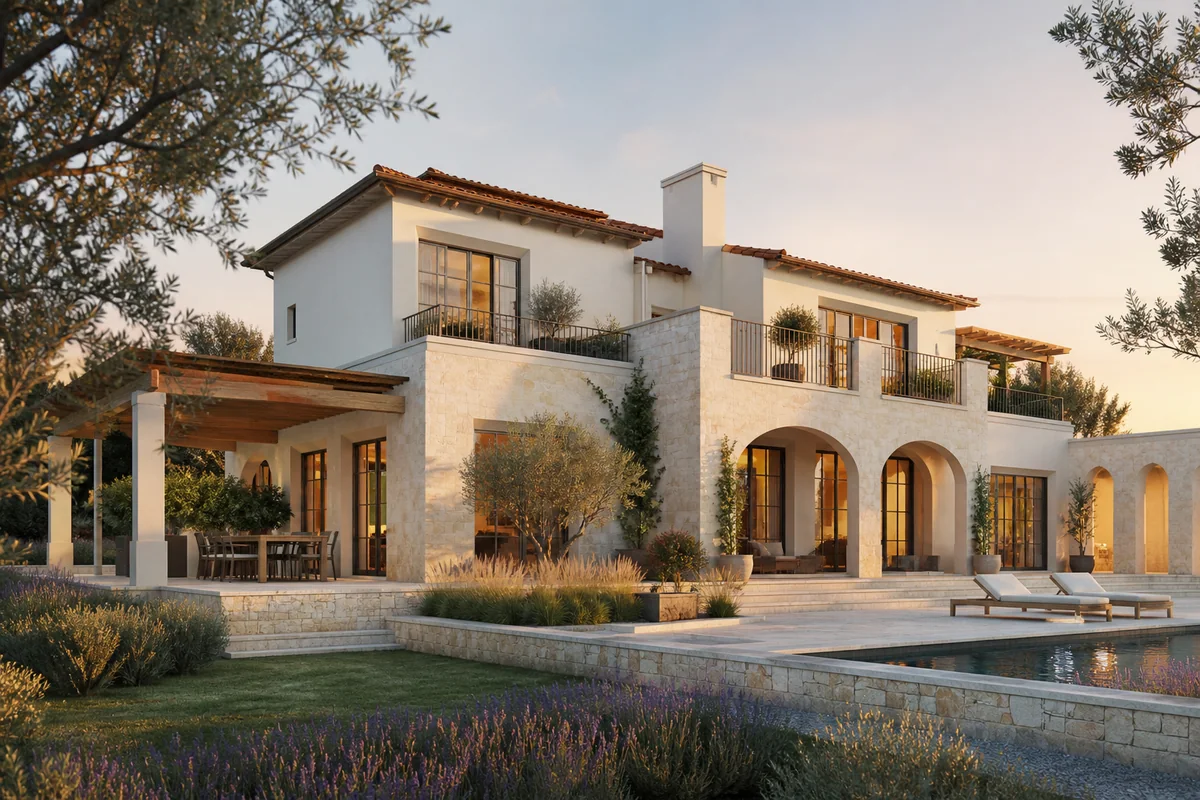Mediterranean villa exterior with limestone, cream stucco, arched openings, and an olive garden