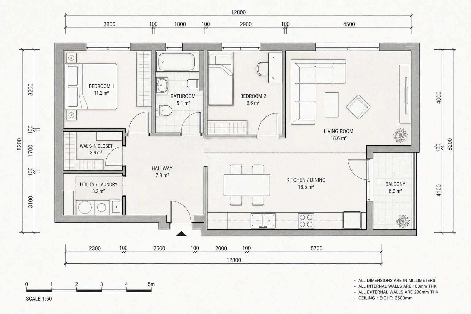 Uploaded apartment floor plan image with walls, rooms, doors, windows, furniture outlines, and dimensions
