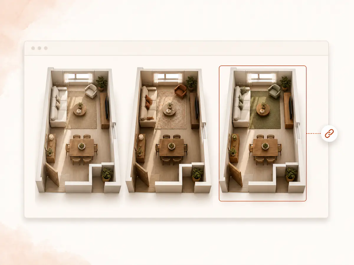 Interior designer comparing three 3D room directions before sharing a proposal