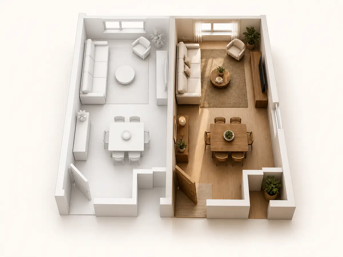 Interior designer reviewing a white model and styled 3D room direction