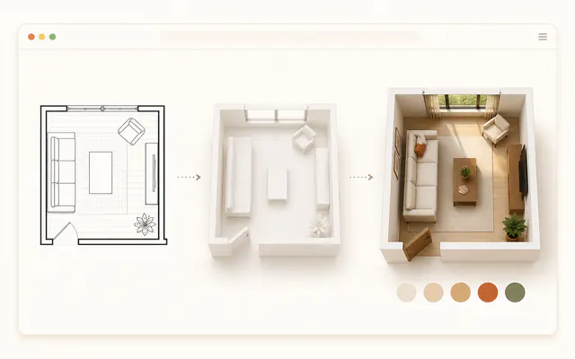 Real estate agent feature showing a floor plan converted into a viewable 3D room