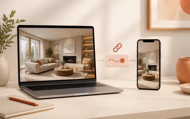 Real estate agent workflow sharing the same 3D listing preview on laptop and phone