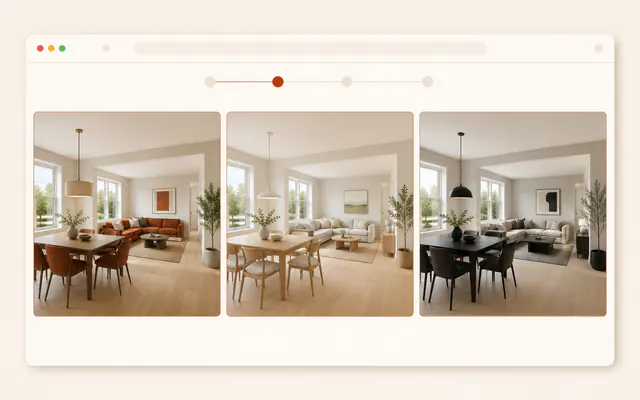 Real estate agent workflow comparing three styles for the same 3D listing room